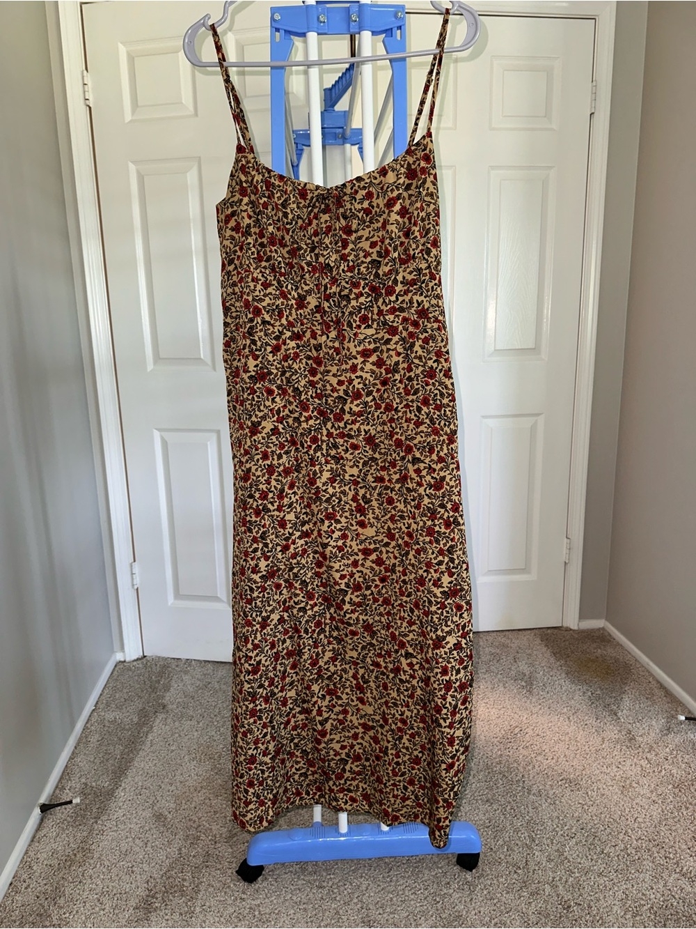Floral Beige and Red Spaghetti-Strap Maxi Dress